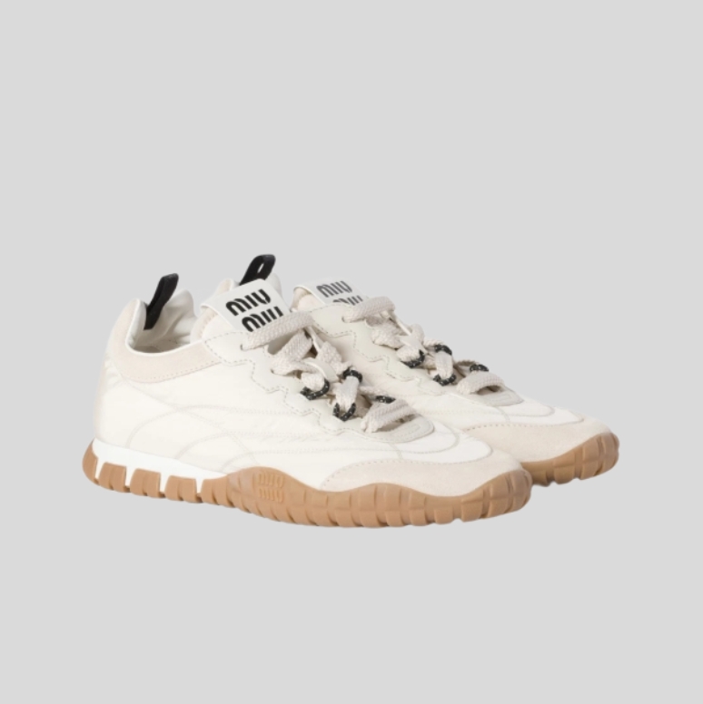 미우 미우 타이어 테크니컬 패브릭 앤 스웨이드 스니커즈 아이보리