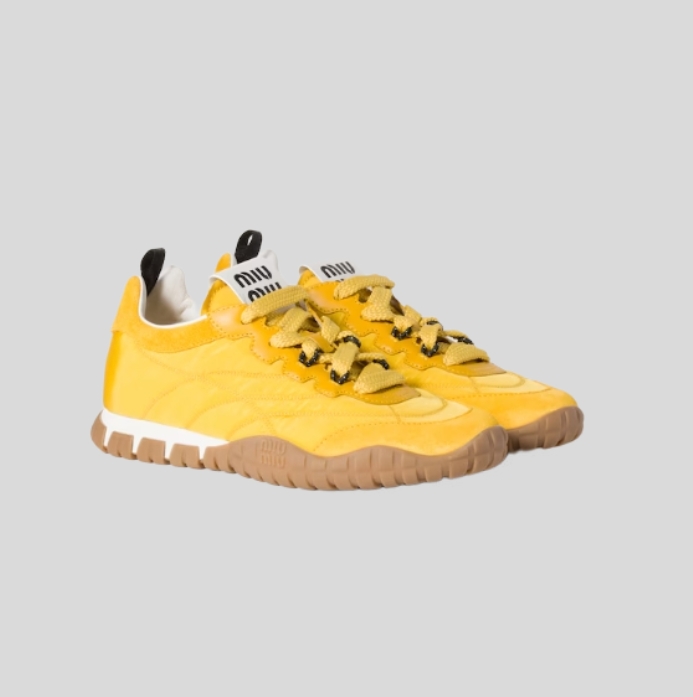 미우 미우 타이어 테크니컬 패브릭 앤 스웨이드 스니커즈 옐로우