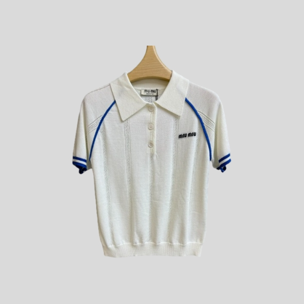 미우미우 블루 파이핑 반팔 폴로 셔츠