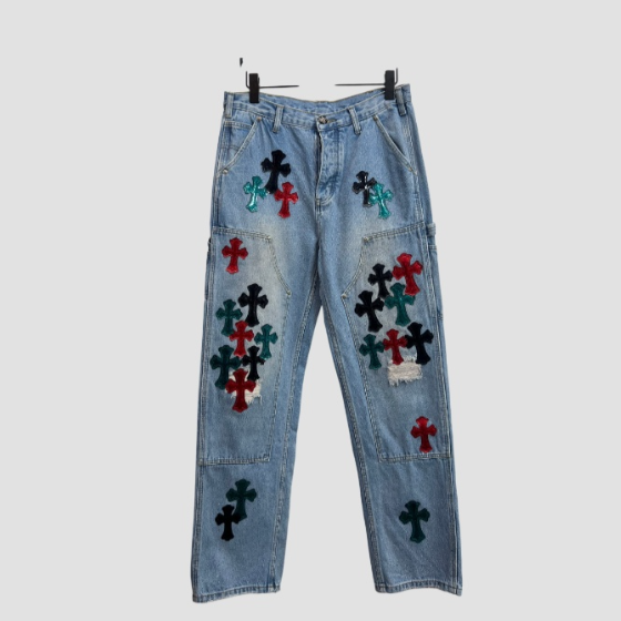 크롬하츠 레더 패치 데님 진 청바지