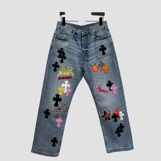 크롬하츠 레더 패치 데님 진 청바지