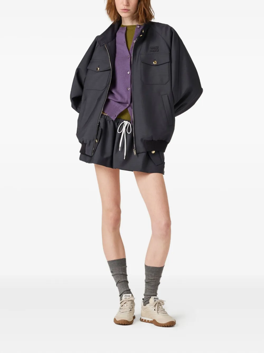 미우미우 로고 자수 골지 니트 재킷